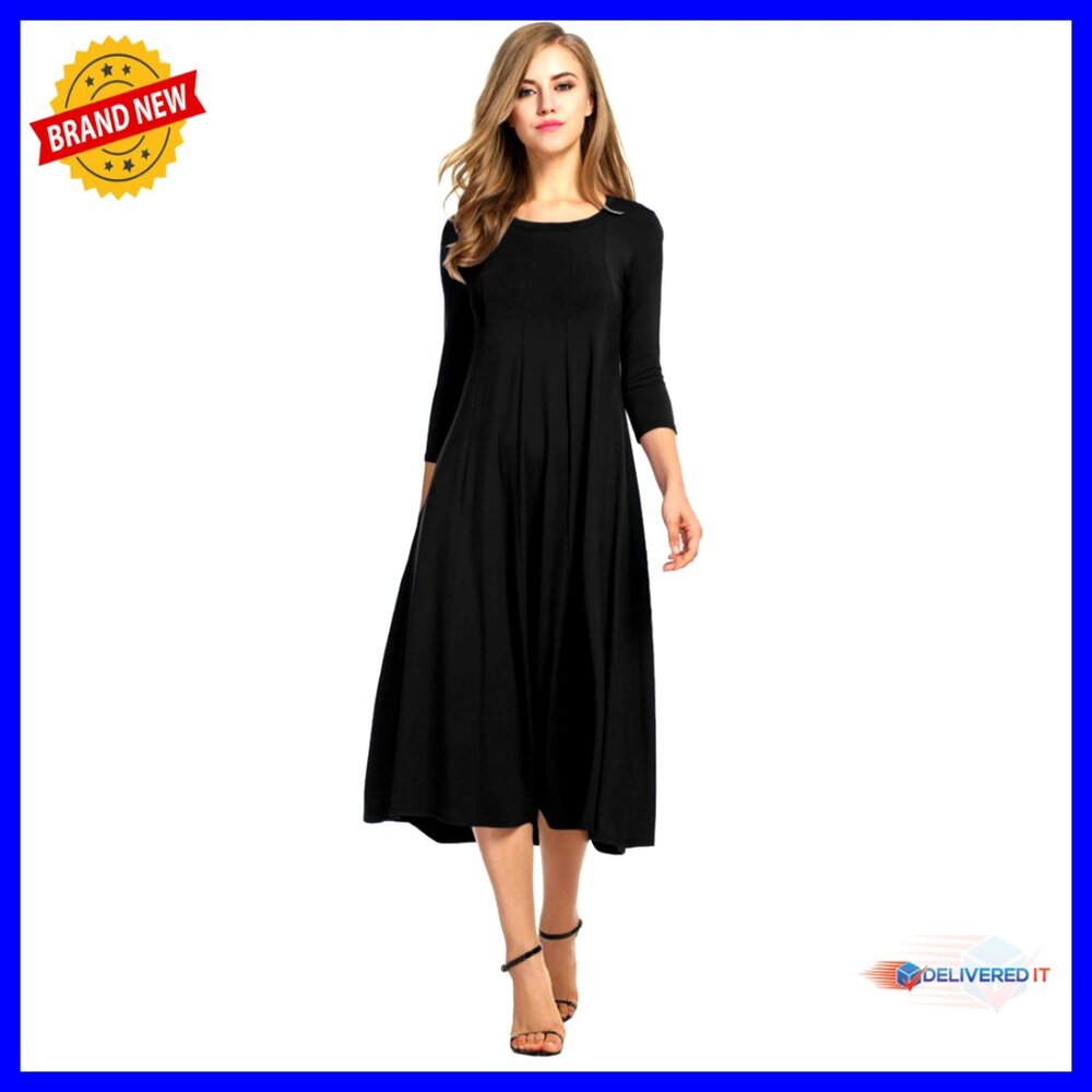 Flowy Midi Dress 3/4 Sleeve A-Line Swing Hem Elegant Casual Chic